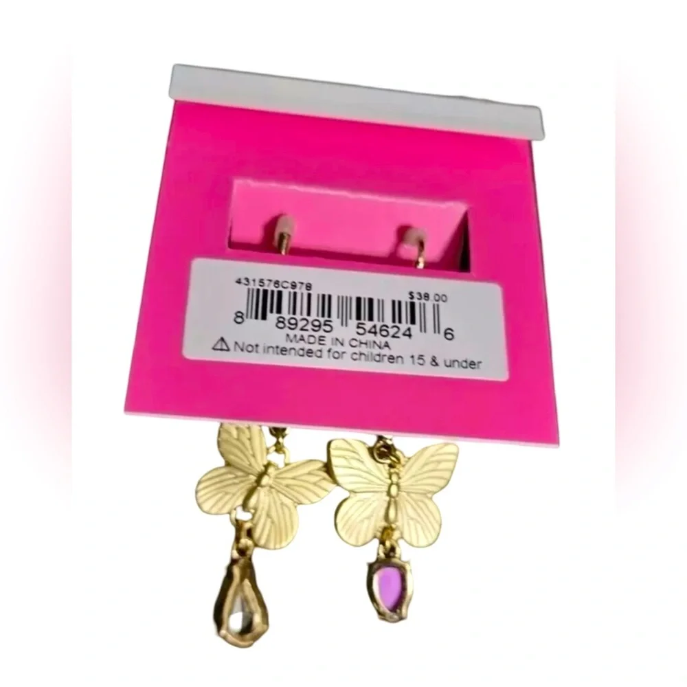 Betsey Johnson NWT Gold Tone Crystal Butterfly Mismatch Drop Earrings (J044) - Picture 4 of 6
